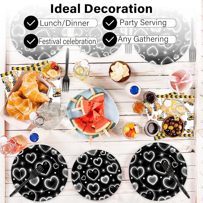 Qyeahkj 100 Pcs 2000s Party Plates Napkins Forks Set Black Heart Tableware Supplies Y2k Theme Birthday Party Decoration Early 2000s Dinnerware Decorations Favors for Birthday Party Serve 25