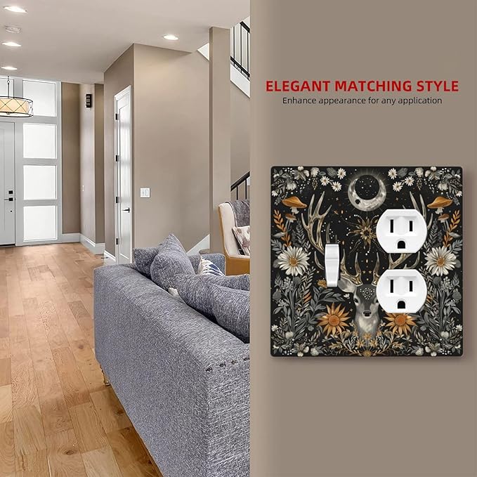 Light Switch Cover Plate Vintage Deer Flowers Moon Natural Plants Floral 2 Gang Decorative Switch Plates 1 Toggle Duplex Combo Outlet Covers GFCI Wall Plates for Bathroom Bedroom Decor
