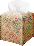 Retro World Travel Passport Stamp Tissue Box Cover - Vintage Square Leather Facial Paper Organizer, Decorative Travel Themed Holder for Bathroom Vanity, Home Office, Car & Travel Enthusiast Decor