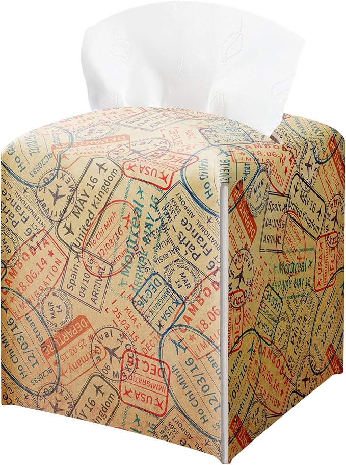 Retro World Travel Passport Stamp Tissue Box Cover - Vintage Square Leather Facial Paper Organizer, Decorative Travel Themed Holder for Bathroom Vanity, Home Office, Car & Travel Enthusiast Decor