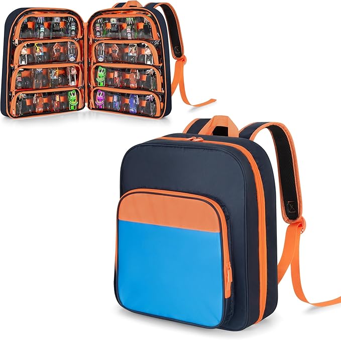 CURMIO Toy Cars Storage Backpack Compatible with Monster Jam Trucks/Hot Wheels 1:64 Scale Monster Trucks, Portable Carrying Case Bag with Front Pocket for Monster Truck, Dark Blue (Bag Only)