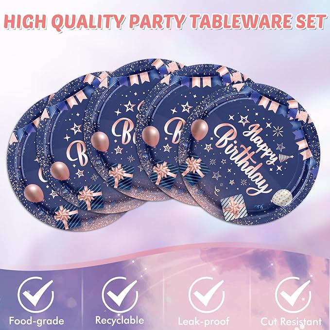 41Pcs Navy Blue Rose Gold Birthday Decorations Happy Birthday Party Tableware Set Include Paper Plates Napkins and Plastic Tablecloth Disposable Dinnerware Decorations for Women Men Party Table Decor