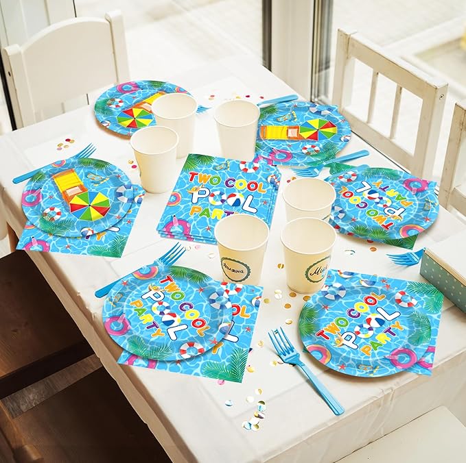 96Pcs Two Cool Pool Birthday Party Supplies Summer Swimming Pool 2nd Birthday Paper Plates and Napkins Summer Beach Tableware Set Serves 24 Guests 2 Years Old Hawaiian Pools Party Decorations