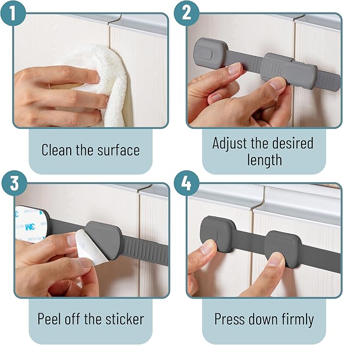 Bates- Child Safety Strap Locks, 8 Pack, Gray, Baby Cabinet Locks with Adjustable Strap Length