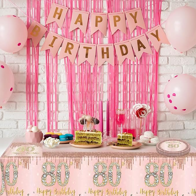 Ryzovo 41Pcs 80th Birthday Decorations, Rose Gold Birthday Party Supplies Include 20Pcs Plates 20Pcs Napkins and 1Piece Tablecloth, Sweet Eighty Year Old Birth Party Tableware for Girl Ladies Women