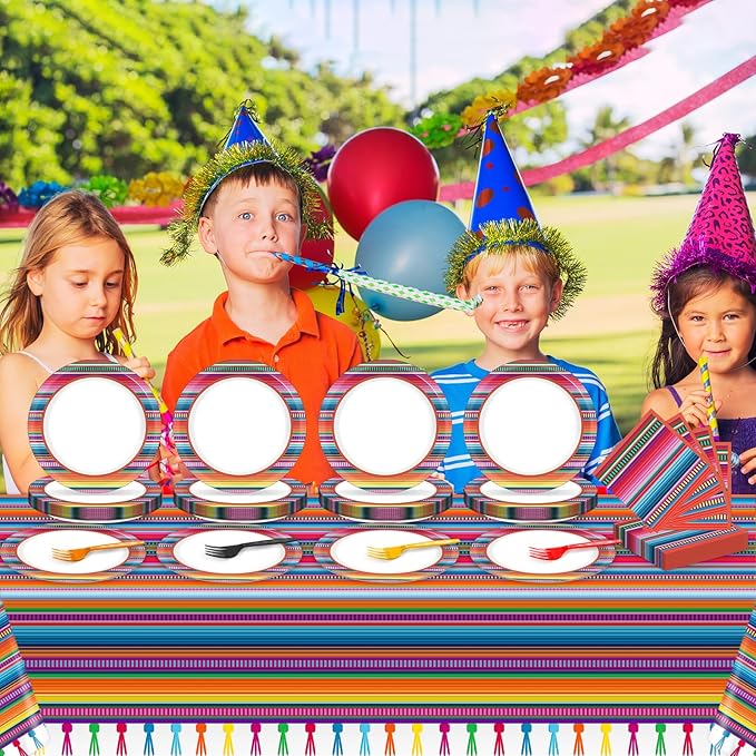 Qyeahkj Mexican Serape Fiesta Party Supplies Serves 24 Mayo Party Paper Plates Napkins Colorful Stripes Mexico Tablecloth Set Tableware Kit for Pinata Taco Ponchos Dance Day of The Dead Favor