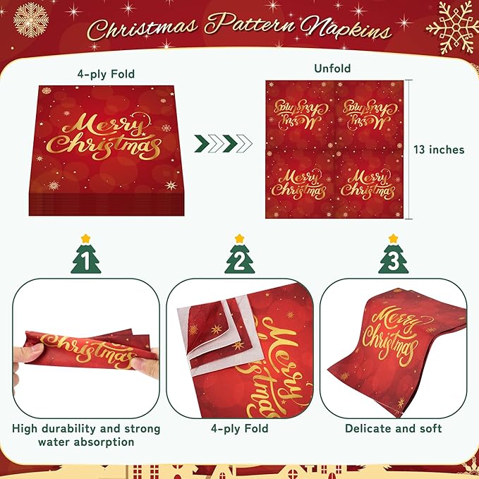 72PCS Christmas Plates and Napkins for Party Decorations, Set of 24 Merry Christmas Disposable Tableware Supplies, Red Gold Christma Tree Paper Plates for Xmas Party