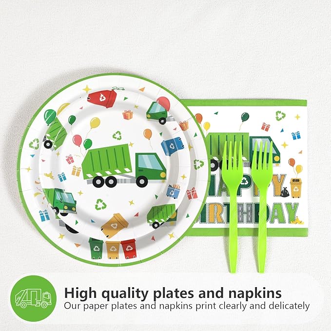 Grencian 96Pcs Trash Truck Birthday Decoration - Garbage Truck Plates and Napkins Trash Party Disposable Tableware for Kids Boys Recycling Rubbish Birthday Party Decorations Serves 24