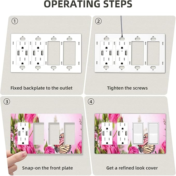 Floral Butterfly Pink Rose 4 Gang Quad Rocker/Decor Light Switch or Receptacle Outlet Wall Plate Cover Plate Decorative Electrical Faceplate for Bathroom Room Decorate Jumbo Standard Size 8.3" x 4.6