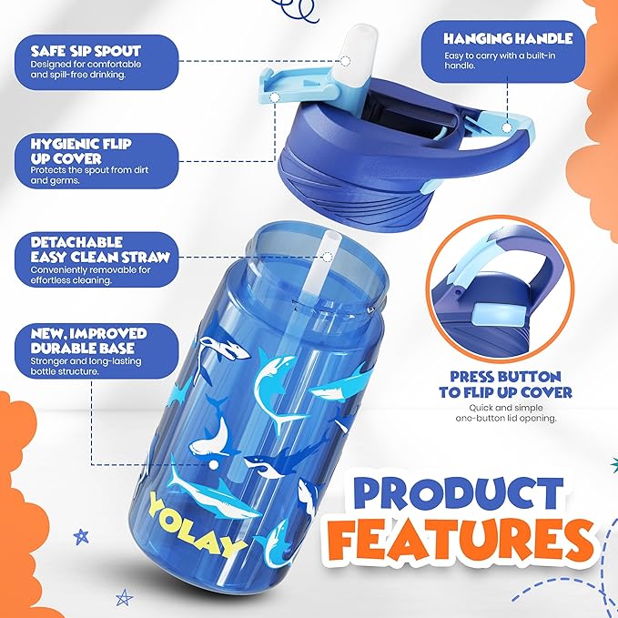 YOLAY 15oz Kids Water Bottle For School Boys and Girls, Durable Toddler Water Bottle with Straw Lid Leak-Proof, Spill Proof, Easy Clean and Dishwasher Safe with Re-Usable and BPA Free - Shark