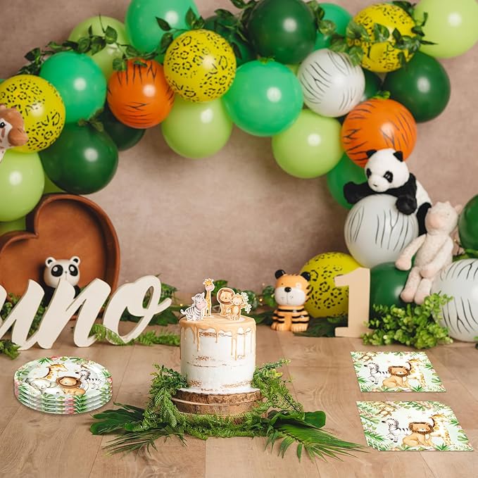 40PCS Jungle Safari Birthday Decorations Disposable Tableware Set Safari Jungle Themed Party Dessert Plates, Napkins Baby Shower Animal Birthday Party Decorations for Boys Girls
