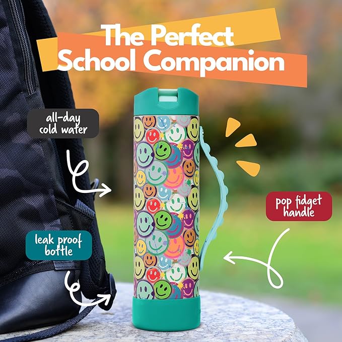 Elemental Iconic Kids Water Bottle for School - 100% Leak-Proof Insulated Water Bottles with Straw Lid & Pop-It Handle for Boys & Girls - Triple-Wall Insulated & BPA-Free, 20oz – Graffiti Smile