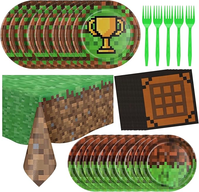 Pixel Party Paper Plates and Napkins Supplies - Serves 25 - 9" & 7" Paper Plates Napkins Forks Tablecloth - for Baby Shower Video Game Pixelated Themed Birthday Supplies