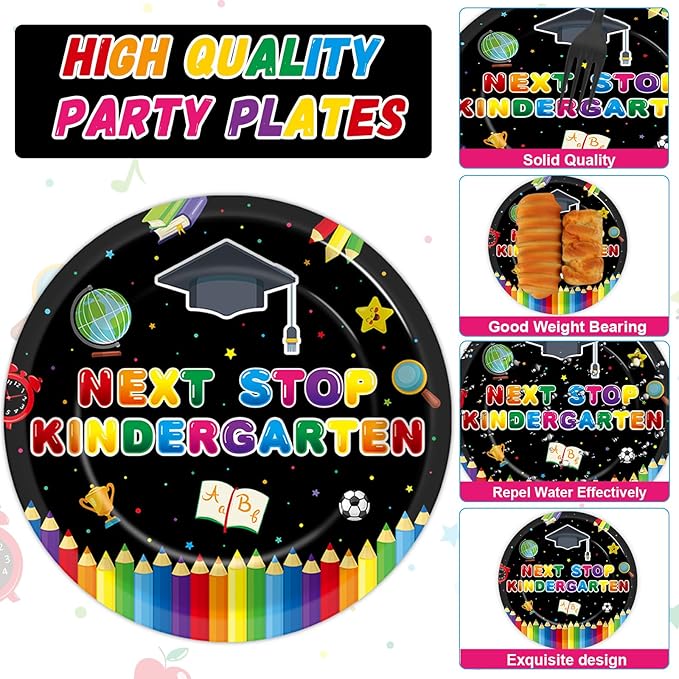 96Pcs Preschool Graduation Plates and Napkins, Next Stop Kindergarten Party Supplies Prek Graduation Themed Dessert Disposable Plates Tableware set for 24 Guests Party Decorations