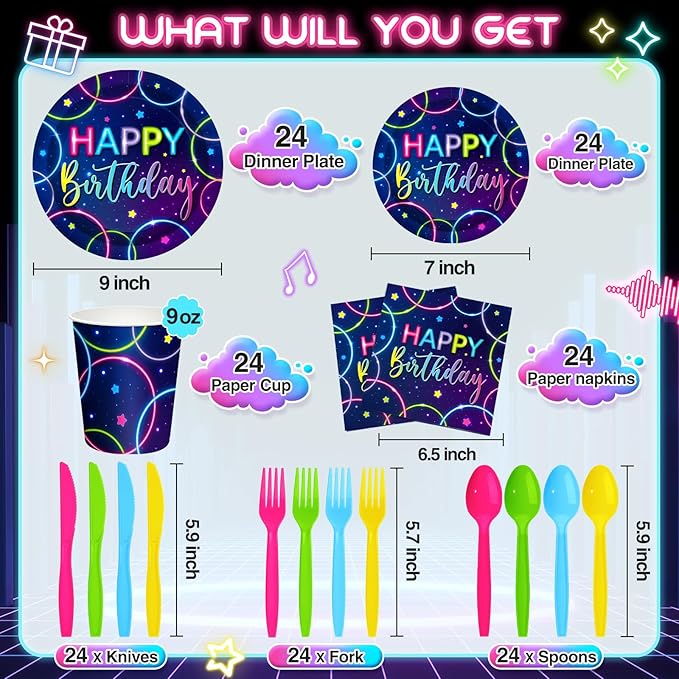 Meanplan Serves 24 Guests Neon Happy Birthday Party Plates and Napkins Neon Glow Birthday Tableware Set Let's Glow Party Decorations for Kids Included Cups Knives Forks Spoons Total 168 Pcs
