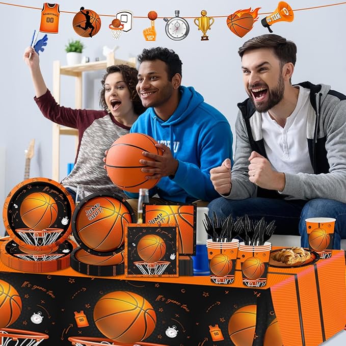 CMUSKO Basketball Party Supplies, 142Pcs Basketball Sports Theme Birthday Party Supplies Tableware Set,Include Basketball Plates and Napkins,Cups,Banner,Tablecloth for Basketball Birthday Decorations
