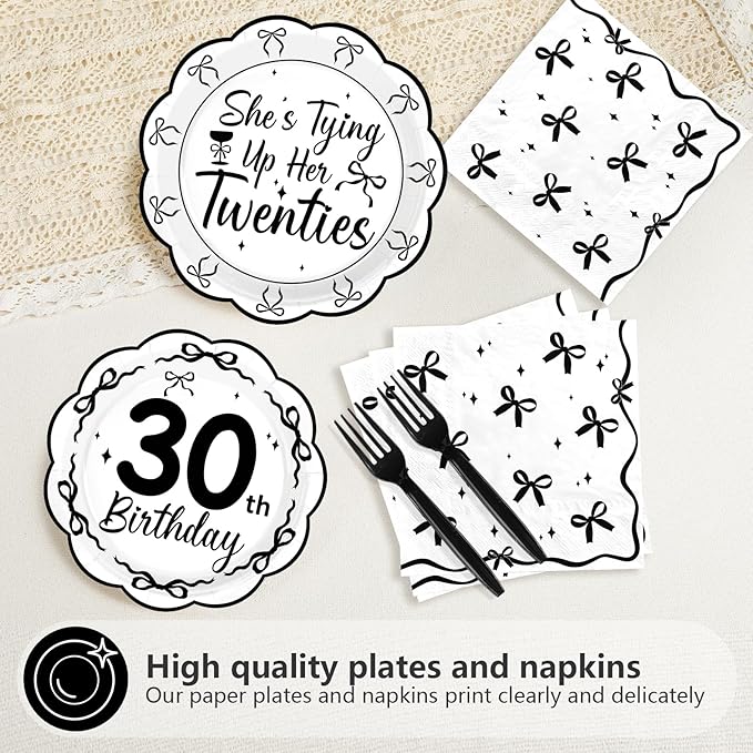 96Pcs Black Bow 30th Birthday Party Decorations She's Tying up Her Twenties Plates and Napkins Scalloped Black and White Bow Tableware Set for 30 Years Old Women Rip 20s Birthday Supplies Serves 24