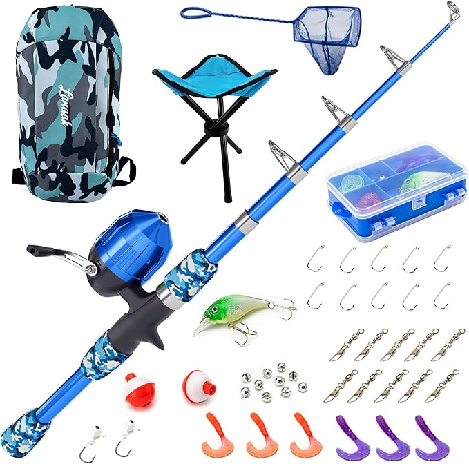 Lanaak Kids Fishing Pole, Kids Portable Telescopic Fishing Rod Set, Tackle Box and Fishing Net Combo Kit, Kids Fishing Gear for Boys and Girls Age 5-10 and Youth