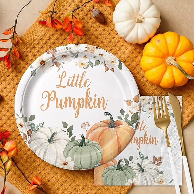 120 Pcs Little Pumpkin Baby Shower Party Decoration – Autumn Pumpkin & Floral Tableware Set with Plates, Napkins, Cups, Cutlery for Thanksgiving & Fall Baby Shower Decorations, Serves 20