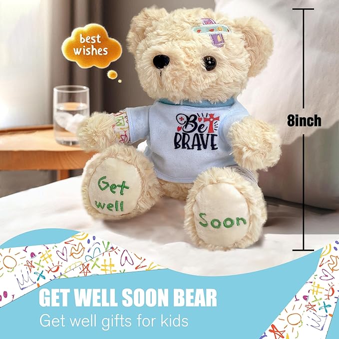 Get Well Soon Bear 2-Pack, 8" Plush Stuffed Animals with Broken Arm & Leg Cast, Cute Surgery Recovery Gifts for Kids, Boys, Girls, Toddlers - "Be Brave" Outfit & "Get Well Soon" Embroidery, Gift Ready