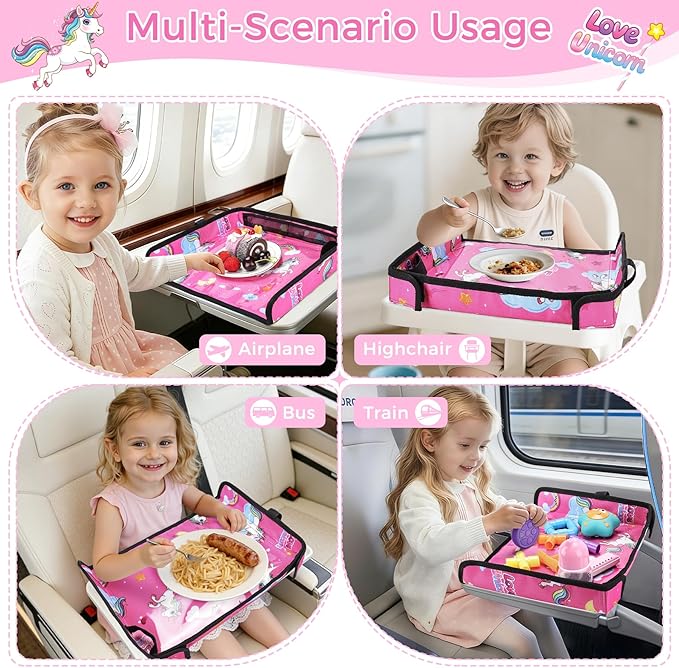 COOLBEBE Airplane Tray Table Cover Foldable Travel Tray Cover for Toddlers 1-3 Universal Fit for Airplane, Car Seat, High Chair Machine Washable, Portable Pink Unicorn