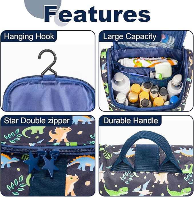 Remobia Hicol Cute Cartoon Hanging Kids Toiletry Bag Children Travel Cosmetic Makeup Organizer Wash Bag Shower bag Over Night Bag Camping Shaving Kit Bag for Boys & Girls (Dinosaurs)