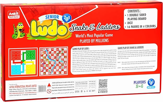 Ankit Toys & Games Ludo & Snakes and Ladders (Saap Seedhi) Board Game Set Classic 2in1 Family Fun for Kids and Adults for Ages 6+ | Travel-Friendly Strategy Game (Ludo Senior Red)