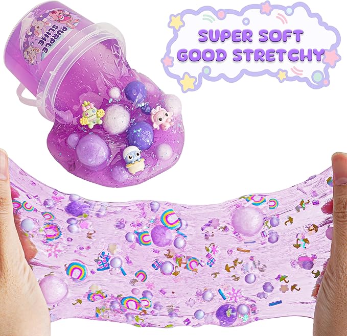 Purple Slime Kit, Clear Slime Bucket, Slimes Party Favors for Kids, Crunchy Slimes Includes 10 Packs of Add-ins, Sensory Toys Birthday Easter Hallowmas for Girls & Boys Gift