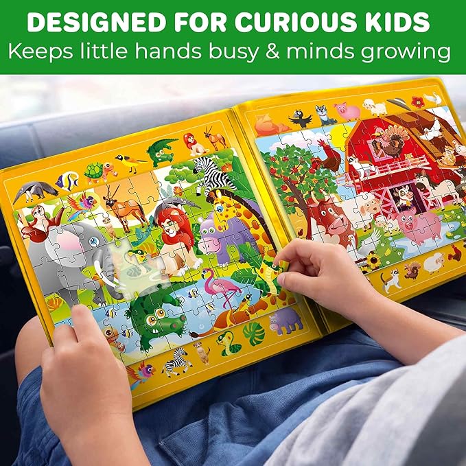 QUOKKA Magnetic Puzzles for Toddlers 3-5 – Search & Find 2 Pack, 60 Pieces Each – Travel Friendly Board with Hidden Objects, Farm and Africa Scenes – Educational Puzzle Gift for 3 Year Olds