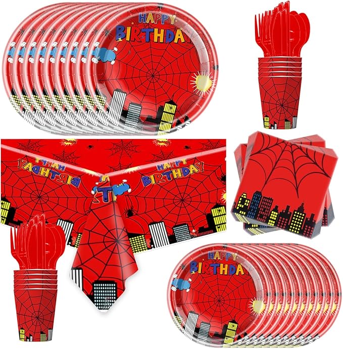 81Pcs Cartoon Spider Birthday Party Supplies,Red Spider Set Tableware Plates Napkins Cups Knives Spoons Forks