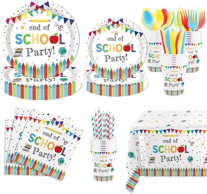 MEHOFOND End of School Party Decorations Tableware Set 193 Pcs, School Out Graduation Disposable Plates Cups Napkins Cutlery with Plastic Tablecloth for Kids Classroom Graduation Party