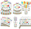 MEHOFOND End of School Party Decorations Tableware Set 193 Pcs, School Out Graduation Disposable Plates Cups Napkins Cutlery with Plastic Tablecloth for Kids Classroom Graduation Party