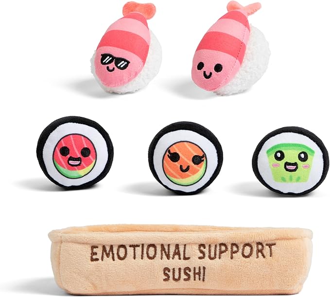 Emotional Support Sushi by Relatable, Cuddly Stuffed Animals and Plushies Set, Small Gifts for Mom, Includes 5 Sushi Plush Toys with Carrying Basket