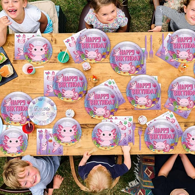 100 Pcs Axolotl Birthday Party Supplies Pink Axolotl Disposable Paper Plates Forks Tableware Sets Cute Cartoon Reptile Animals Happy Birthday Decorations for Kids Girls Baby Shower Serve 25 Guests