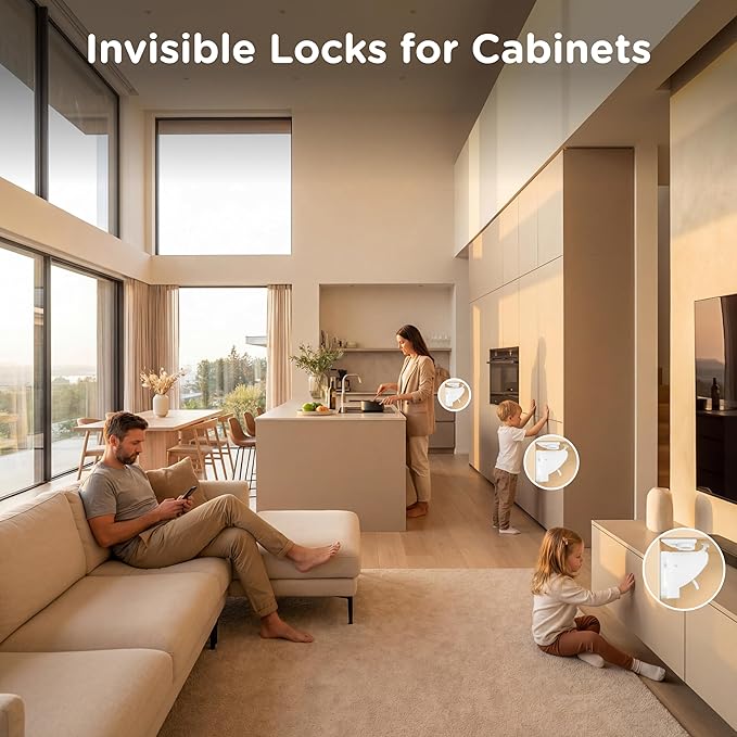 16 Pack Cabinet Locks Baby Proofing - SKYLA HOMES Children Proof Magnetic Cabinet Locks for Cupboard, Drawers, Adhesive Baby Proof Latches (16 Locks and 2 Keys)