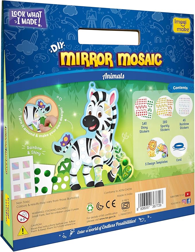 Imagimake Mirror Mosaic Animals Kids Art Set | DIY Craft Kits | Foil Stickers for Girls | Activities for Kids Ages 3-5 | Travel Art Kit for Toddler | Gift Set for Girls| 3,4,5,6,7 Year Old Boy Gifts