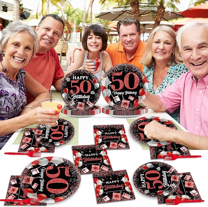 gisgfim 96 Pcs 50th Birthday Plates and Napkins Party Supplies 50 Years Old Birthday Party Tableware Set Red Black Dinner Dessert Plates 50th Birthday Decorations Favors for Man Women for 24 Guests