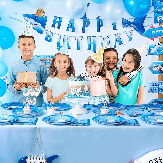 WERNNSAI Shark Birthday Decorations - 48PCS Shark Party Plates and Napkins Under The Sea Birthday Supplies Blue Ocean Plates Tableware for Kids Boys Baby Shower Summer Pool Party Decor Serves 16 Guest