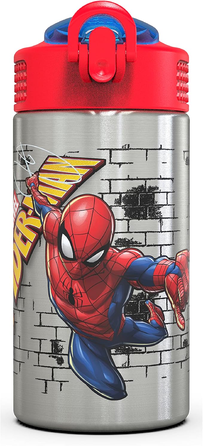 Zak Designs Stainless Steel One Hand Operation Lid and Built-in Carrying Loop Water Bottle with Straw Spout is Perfect for Kids (15.5 oz, BPA Free), 1 Count (Pack of 1), Marvel Comics Spider-Man