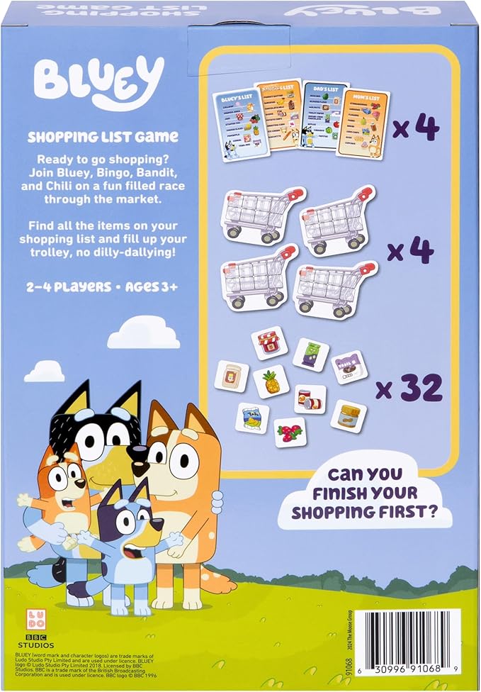 Bluey Shopping List Game, Join Bluey, Bingo, Bandit & Chilli On A Fun Supermarket Adventure, Race to Fill Your Trolley in This Fun Memory and Matching Game, for Ages 3+, 2-4 Players