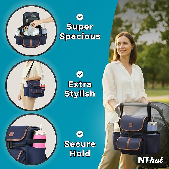 Baby Stroller Organizer Caddy with 2 Cup Holders — NT·hut CarryZee Universal Stroller Bag, Bottle Straps, Magnetic & Zippered Pockets, Fits 11" Tablet, Water Resistant 600D Oxford (Blue)