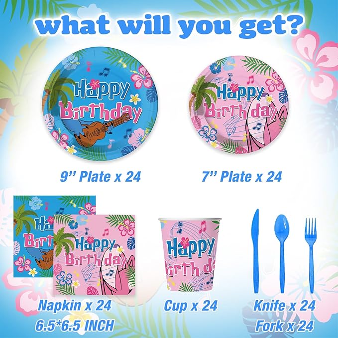 Cute Blue-Pink Cartoon Themed Party Supplies for kids Birthday Party Decorations Disposable Tableware Set With Plates,Cups, Napkins,Knives,Forks,Spoons,Perfect for 24 Guests