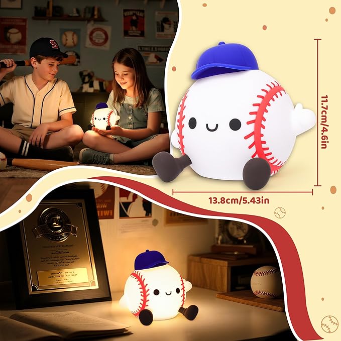 Attivolife Baseball Night Light, Baseball Gifts for Boys, Soft Silicone Nursery Bedroom Bedside Decor Dimmable Rechargeable LED Touch Lamp, Baby Kid Teen Sport Lover Athlete Christmas Birthday Gifts
