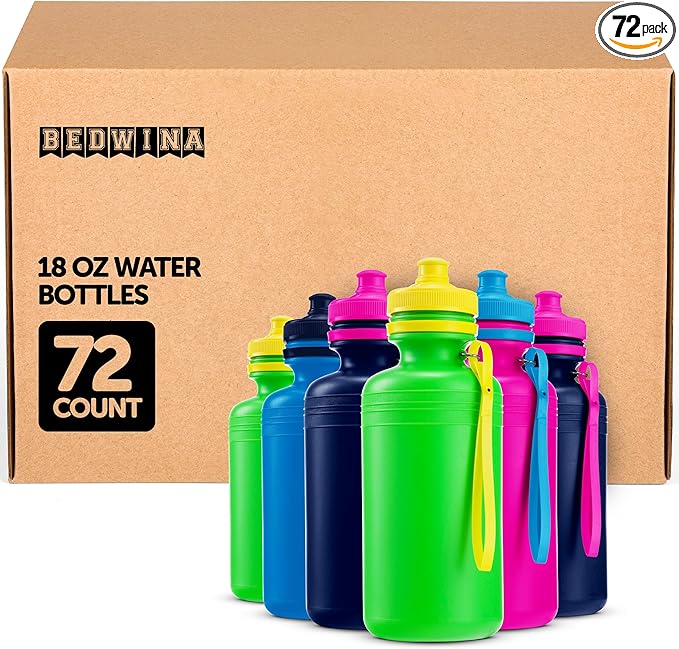 Bedwina Bulk Water Bottles For Kids - (Bulk Pack of 72) 18 Oz - 7.5 Inch BPA-Free Plastic Water Bottles w/Pop-up Tops for Summer, Reusable Water Bottle for School, Sports Birthday Party Favors