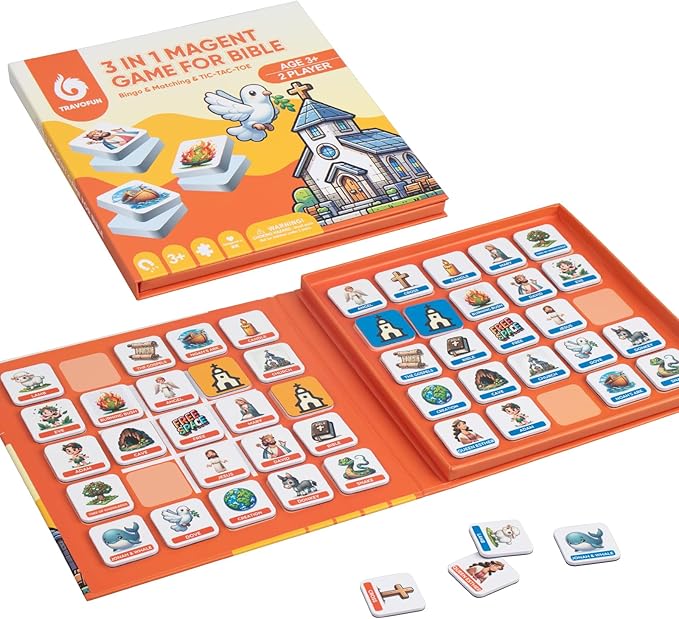 TRAVOFUN Bible Memory Matching Game for Kids - 3-in-1 Magnetic Travel Toy Set with 50 EVA Pieces, Tic-Tac-Toe & Storytime Bingo, Christian Educational Sunday School Games & Church Activities Gift