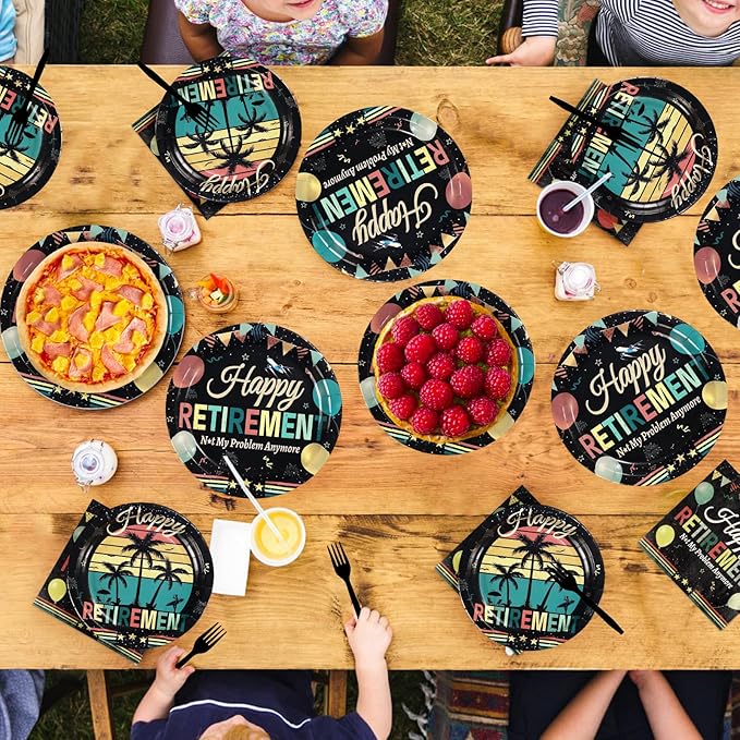 96Pcs Vintage Retirement Party Decorations Colorful Vintage Happy Retirement Plates and Napkins Tableware Sets Retired Themed Decorations for Men Women Retired Farewell Party Supplies Serves 24
