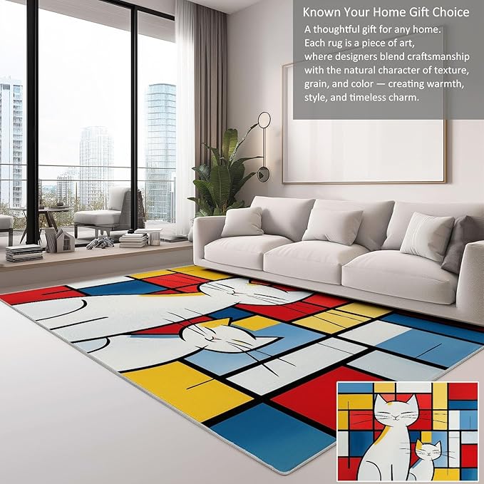 Geometric Color Block Cat Rug 2×5ft Abstract Art Non Slip Washable Patchwork Rugs for Bedroom, Ultra-Thin Low-Pile Carpets for Kitchen Laundry Hallway Bathroom Decor
