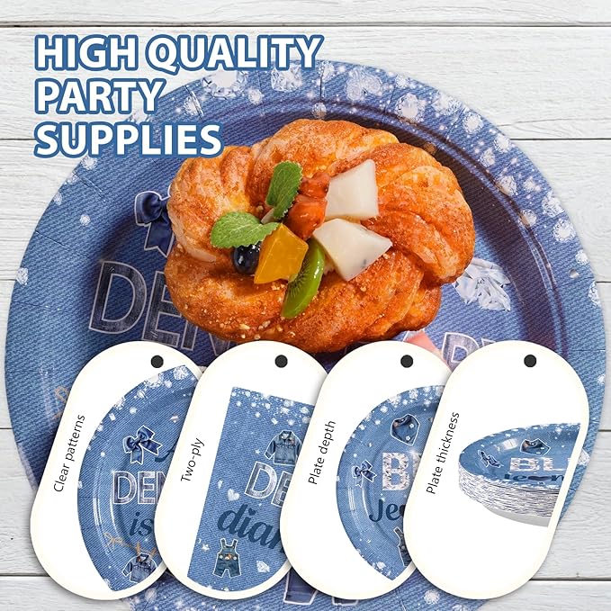 96Pcs Blue Jean Baby Shower Decorations Denim and Diamonds Birthday Plates and Napkins Tableware Sets A Little Denim Baby is on the Way Decorations for Kids Boys Blue Jeans Birthday Supplies Serves 24