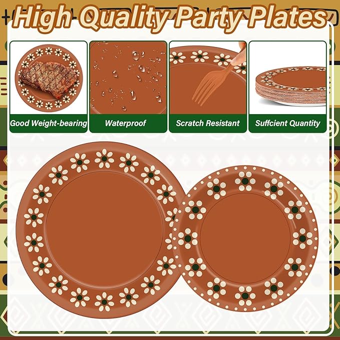 100 Pcs Cielito Lindo Plates Platos De Barro Mexicanos Mexican Party Plates and Napkin Set Mexican Fiesta Birthday Decoration Supplies Tableware Terracotta Flower Clay Pottery Party Favor Serves 25