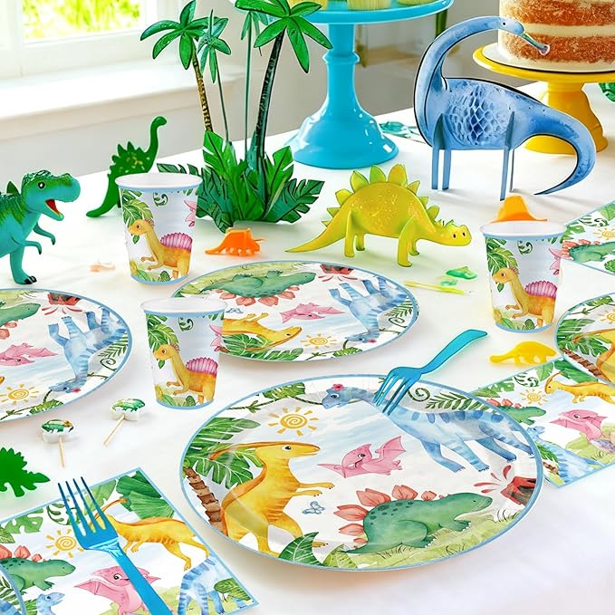 Dinosaur Birthday Party Supplies - 350PCS Dinosaur Themes Party Tableware Set, Bithday Disposable Paper Plates Cups and Napkins For Boys Kids Birthday Baby Shower Decorations, Serve 50